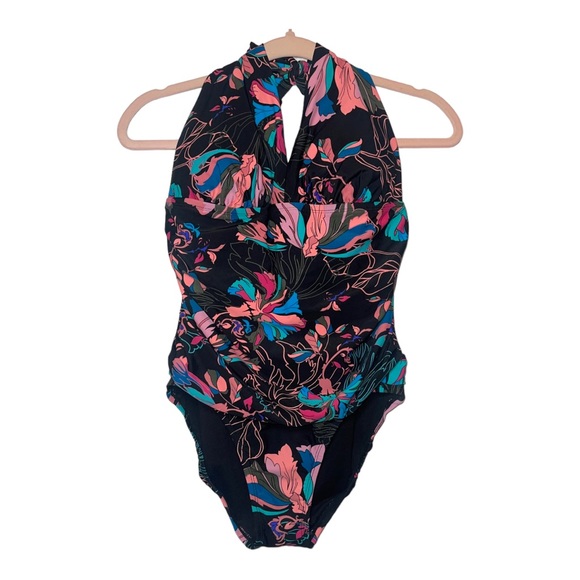 TIME AND TRU Black Floral One Piece Halter Swimsuit L NWOT - Picture 2 of 8
